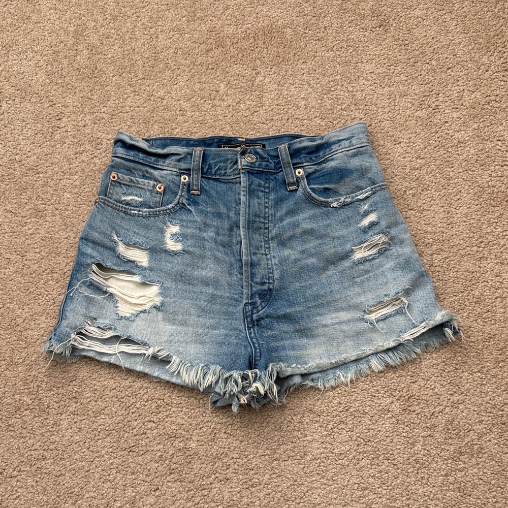 Abercrombie & Fitch High Rise Blue Distressed Raw Hem Denim Jean Shorts Size 25